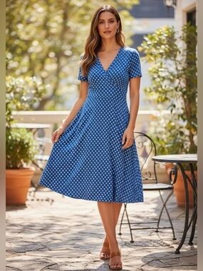 NWT L.L. Bean Summer Knit Blue Midi Dress, White Geo/Floral Print, Sz M Pet.